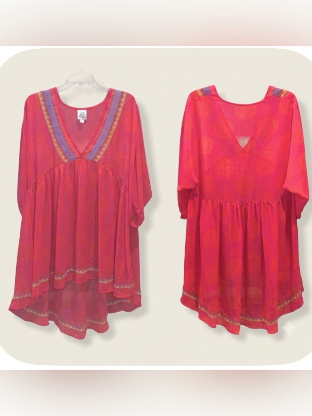 IVY JAMES/ Sheer Pink Boho Tunic with Embroidered Trim/ M/L / Ptp-23”